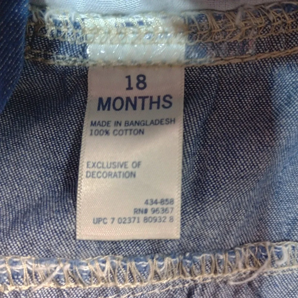 OshKosh B'gosh Overall Dress Girls 18 mos Vestbak Denim Jean Ruffles 100% Cotton